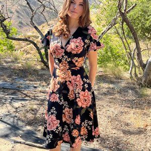 Black Floral Midi Dress. Size 8.